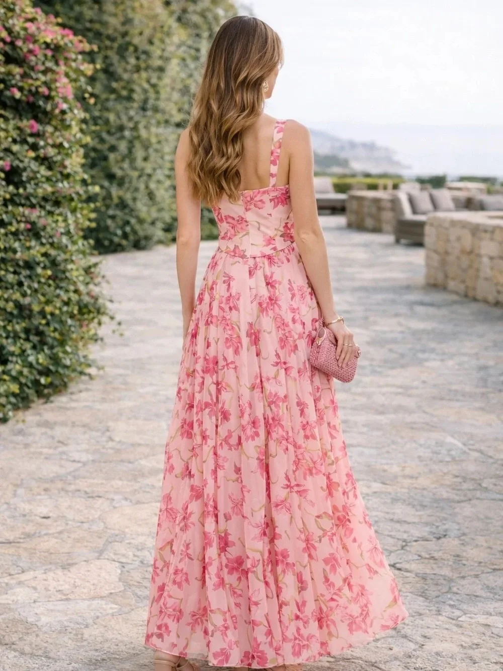 Floral Pink Maxi Dress with Spaghetti Straps